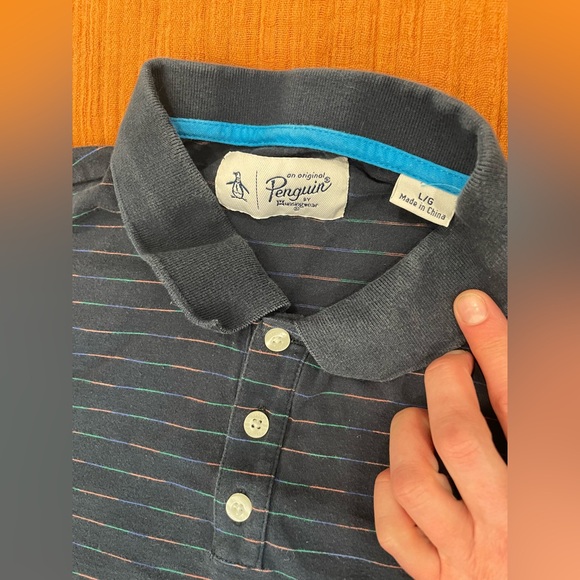 Original Penguin Men’s Polo Size Large, dark blue with stripes, 100% Cotton - Picture 4 of 8